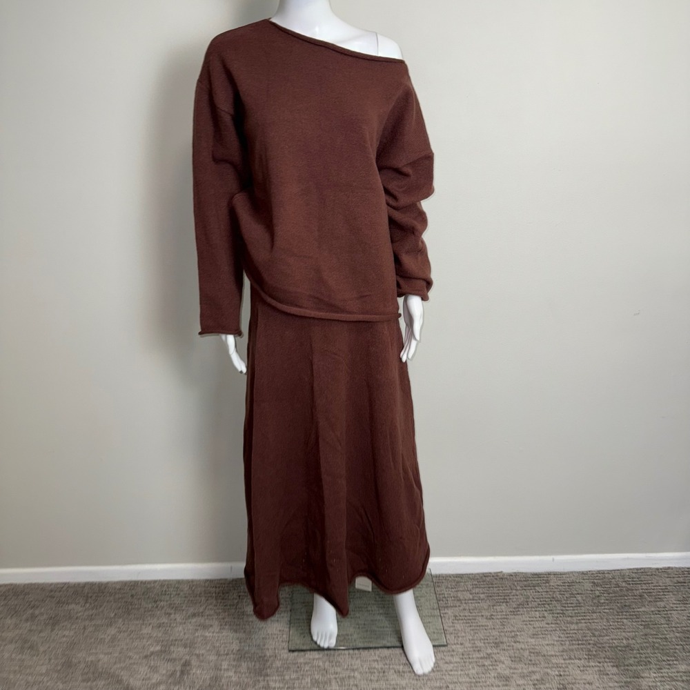 Commense Sweater and Midi Skirt Set Knit Brown Pullover Long Sleeve Relaxed L - Picture 3 of 17